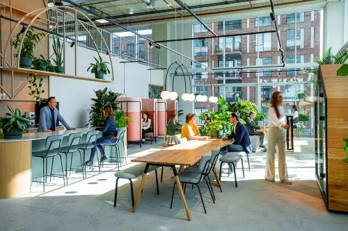 Modern kantoorinterieur met veel daglicht, werkplekken en interieurbeplanting