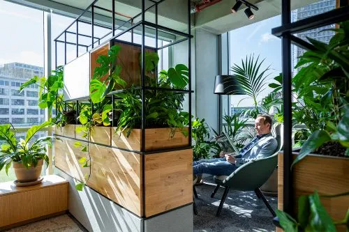 Groene kantoorruimte met comfortabele zithoek en planten als natuurlijke afscheiding