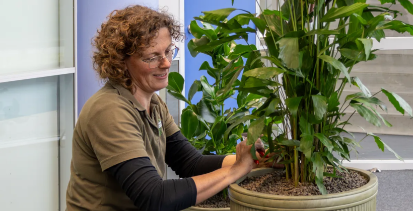Onderhoudsmedewerkster Danielle aan het werk met beplanting