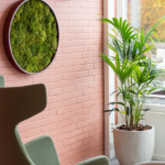 Elegante kantoorruimte met een moscirkel aan een roze bakstenen muur en een grote kentia palm in een beige plantenbak bij het raam