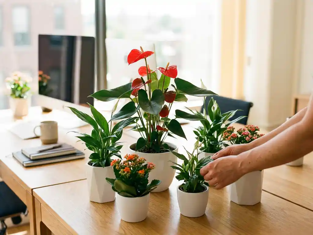 Anthurium plant met rode hartvormige bloemen op modern kantoorbureau tussen groene Spathiphyllum en Kalanchoe planten