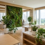 Moderne kantoor met biofiele ontwerpelementen: moswal, groene planten en natuurlijk daglicht door grote ramen