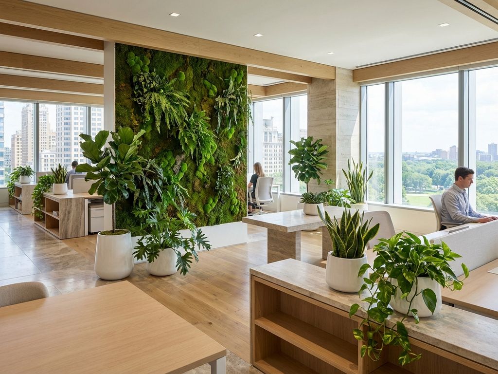 Moderne kantoor met biofiele ontwerpelementen: moswal, groene planten en natuurlijk daglicht door grote ramen