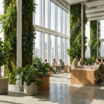 Modern kantoor met biofiele design, levende groene muren, grote ramen en werknemers tussen planten