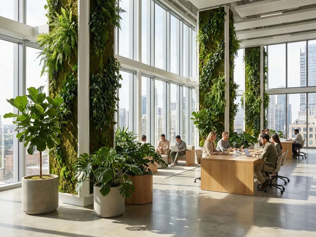 Modern kantoor met biofiele design, levende groene muren, grote ramen en werknemers tussen planten