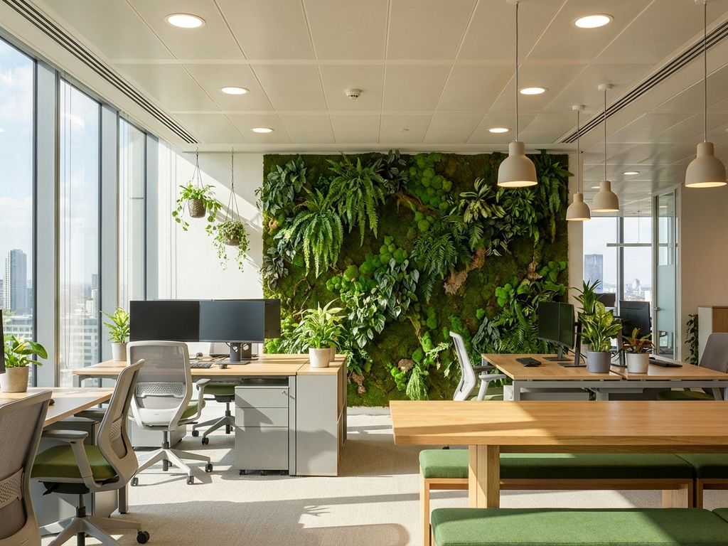 Modern kantoor met levende plantenwand, natuurlijk licht door grote ramen en biofiele ontwerpelementen