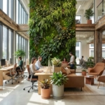 Moderne kantoorruimte met levende plantenwand, natuurlijk licht door grote ramen en biofiele designelementen