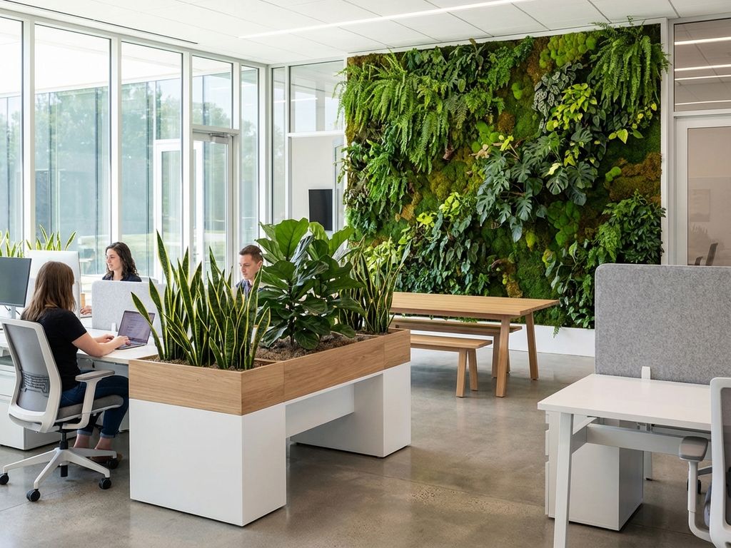 Modern kantoor met biofiele inrichting, grote plantenwand, werkplekken met geïntegreerde planters en natuurlijk licht