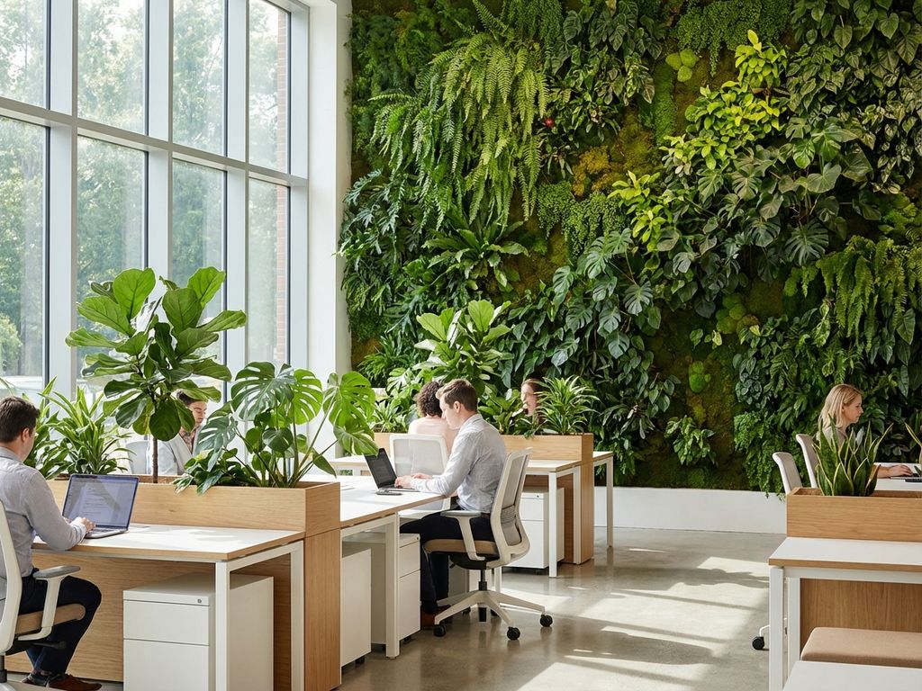 Modern kantoor met biofiele plantenwand, natuurlijk licht en geïntegreerde groene werkplekken