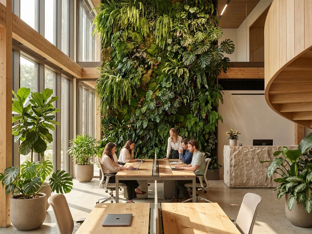 Moderne kantoorruimte met biofiele ontwerp, levende plantenwand, natuurlijk licht en professionals die samenwerken