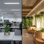 Kantooromgevingen vergelijking: standaard werkruimte met planten versus biofiele ontwerp met moswanden en natuurlijke elementen