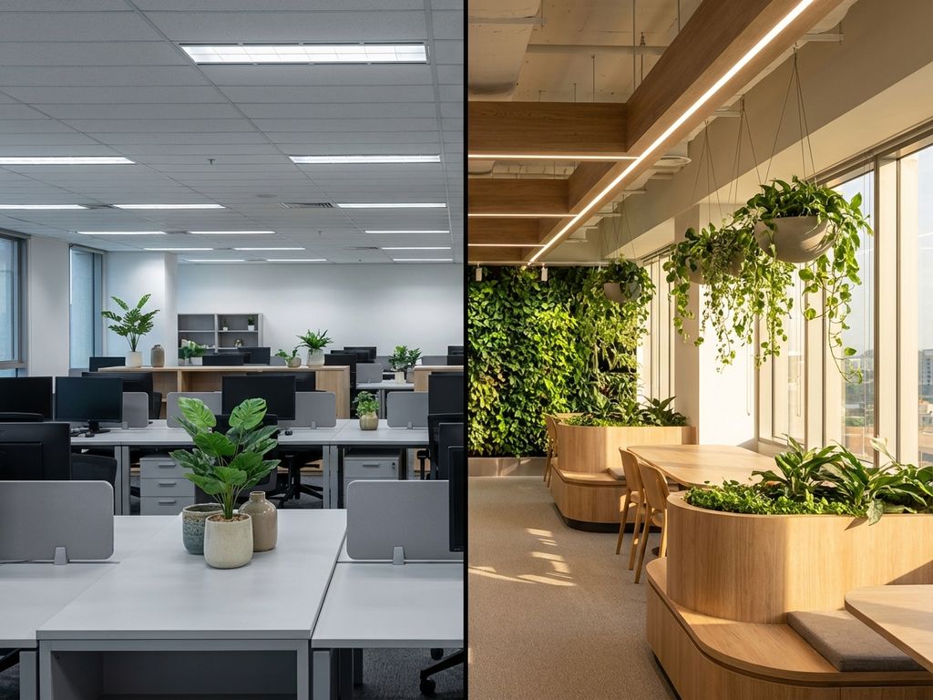 Kantooromgevingen vergelijking: standaard werkruimte met planten versus biofiele ontwerp met moswanden en natuurlijke elementen