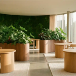 Weelderige groene moswand geïntegreerd in moderne ronde kantoorruimte met gebogen plantenbakken en natuurlijk houten meubilair