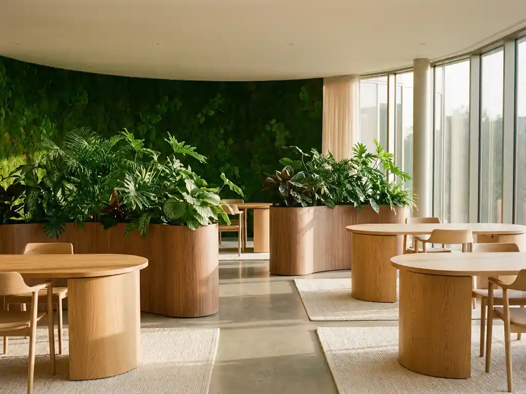 Weelderige groene moswand geïntegreerd in moderne ronde kantoorruimte met gebogen plantenbakken en natuurlijk houten meubilair