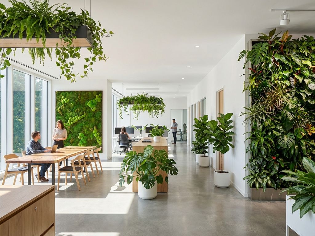 Modern kantoor met biofiele ontwerpelementen: moswand, hangplanten, verticale tuin en groen bij ramen in natuurlijk licht