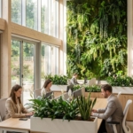 Modern kantoor met levende plantenwand, natuurlijk licht en werknemers tussen groen voor biofiele werkruimte