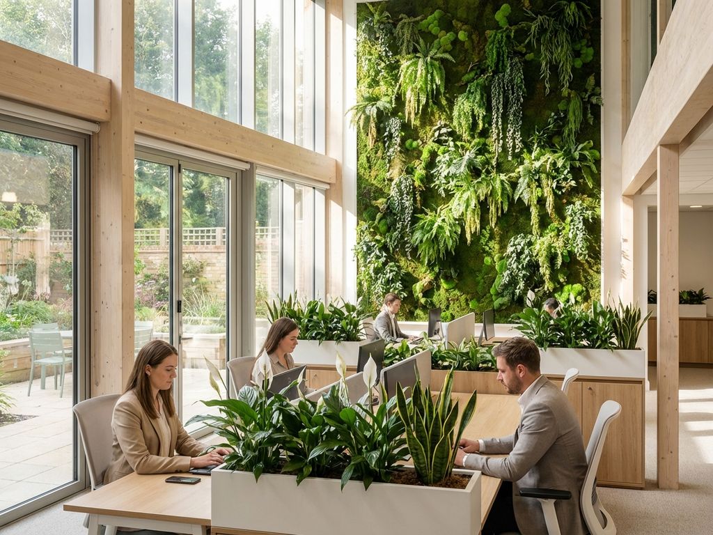 Modern kantoor met levende plantenwand, natuurlijk licht en werknemers tussen groen voor biofiele werkruimte