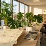 Rekenmachine op modern bureau met Monstera en Kentia palmen in witte plantenbakken, facturen en kostenbladen zichtbaar