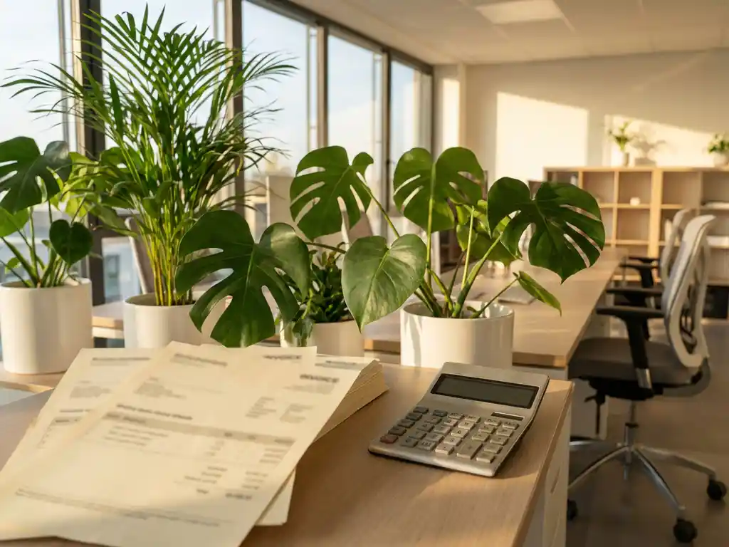 Rekenmachine op modern bureau met Monstera en Kentia palmen in witte plantenbakken, facturen en kostenbladen zichtbaar