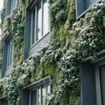 Bevroren verticale groene muur op modern kantoorgebouw met mosbegroeiing en klimplanten bedekt met een lichte laag wintersneeuw.