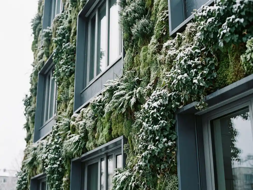 Bevroren verticale groene muur op modern kantoorgebouw met mosbegroeiing en klimplanten bedekt met een lichte laag wintersneeuw.