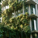 Verticale groene gevel met dichte begroeiing in smaragd- en mosgroen op modern kantoorgebouw, verlicht door warm ochtendlicht.