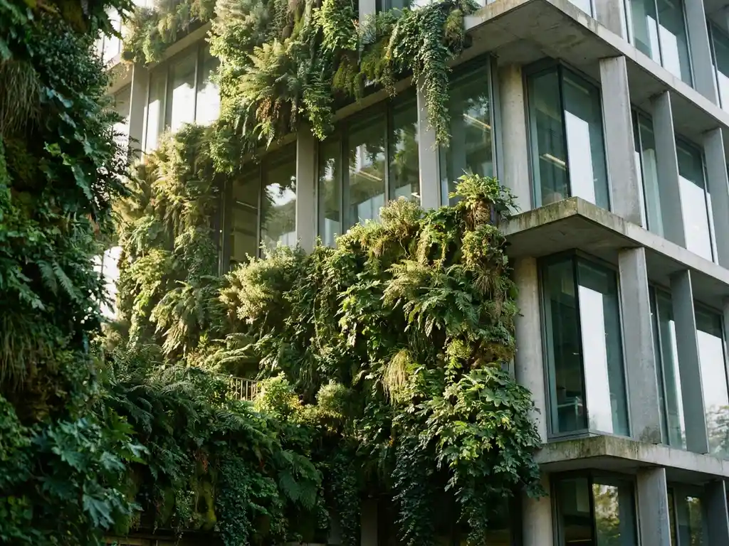 Verticale groene gevel met dichte begroeiing in smaragd- en mosgroen op modern kantoorgebouw, verlicht door warm ochtendlicht.