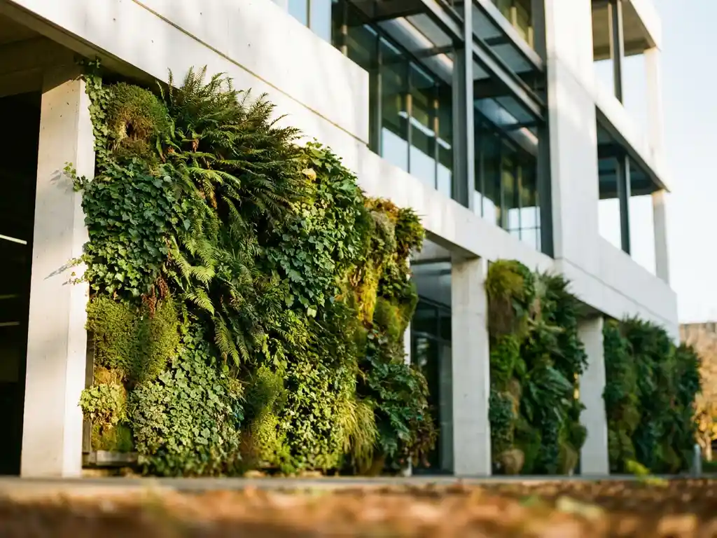 Weelderige groene plantenmuur met klimplanten en mos op de gevel van een modern kantoorgebouw, verlicht door warm middagzonlicht.