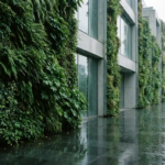 Verticale groene gevel met klimplanten bedekt met regendruppels, weerspiegeld in natte bestrating onder bewolkte lucht.