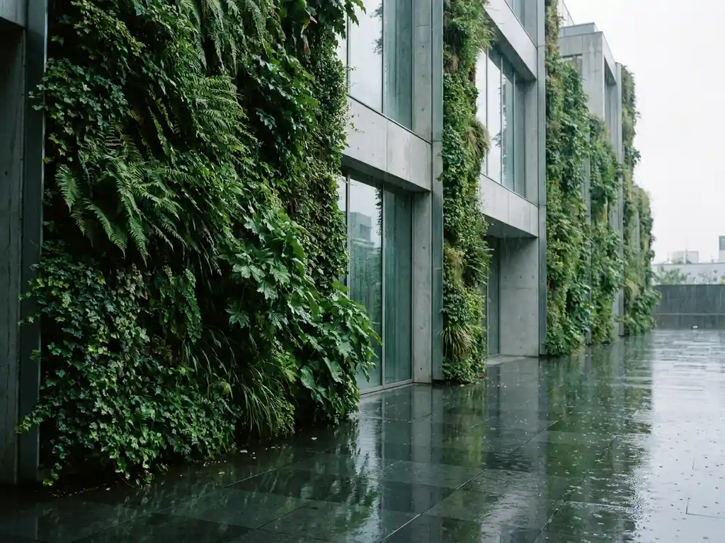 Verticale groene gevel met klimplanten bedekt met regendruppels, weerspiegeld in natte bestrating onder bewolkte lucht.