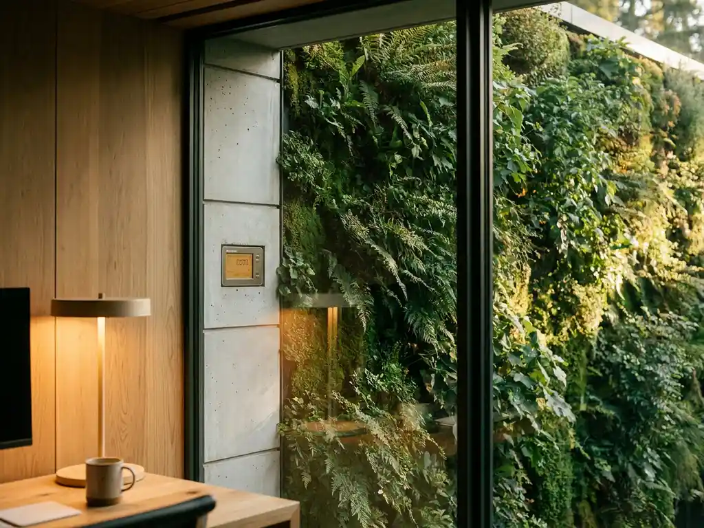 Levende groene plantenmuur op moderne gevelgevel, gezien door een kantoorraam met zacht gouden middaglicht op de bladeren.