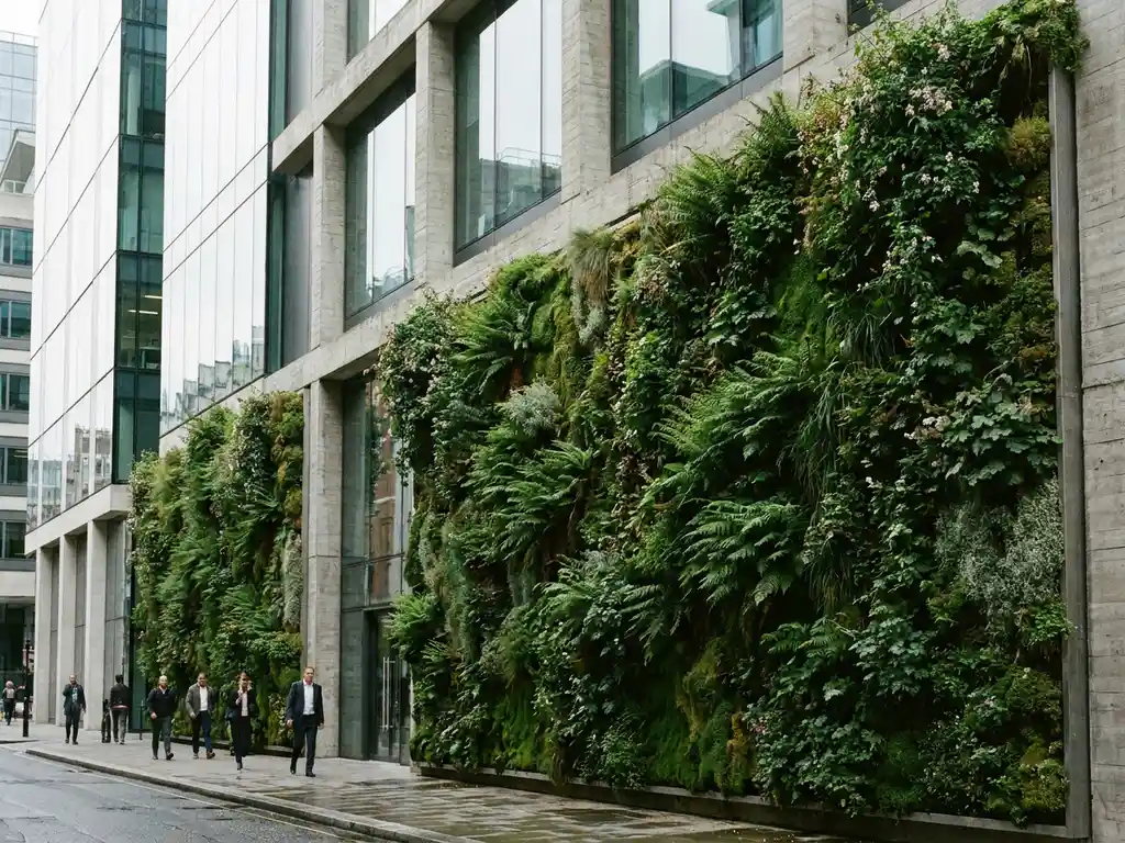 Verticale groene gevel met dicht bladerdek op modern glas-en-betonnen kantoorgebouw, gefotografeerd vanuit straatperspectief.