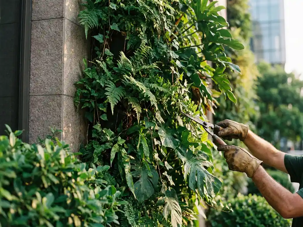 Tuinman snoeit een weelderige groene gevelwand van klimplanten op een modern gebouw in gouden middaglicht.
