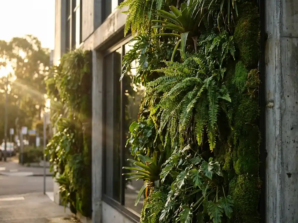 Weelderige verticale groene muur met tropische planten en mos op de gevel van een modern kantoorgebouw in middagzon.