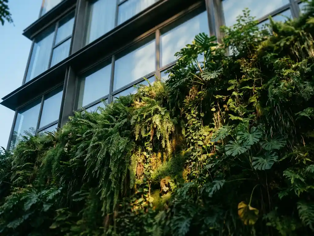 Weelderige verticale groene gevel met tropische planten en dicht gebladerte op modern gebouw, zonlicht filtert door de bladeren.