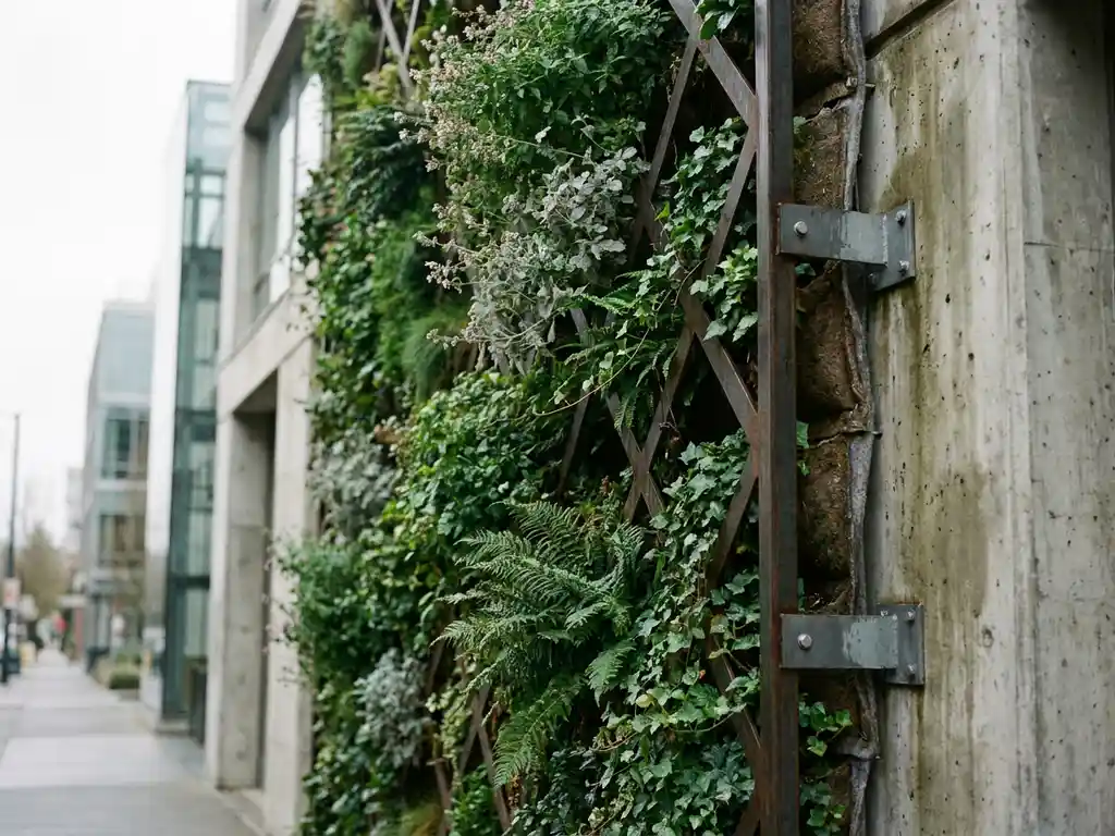 Verticaal groen wandsysteem op modern gebouw met klimplanten door geometrisch metalen trellis, zichtbare beugels in beton.
