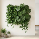 Levende groene plantenwand met monstera en pothos in modern interieur, verlicht door natuurlijk daglicht.