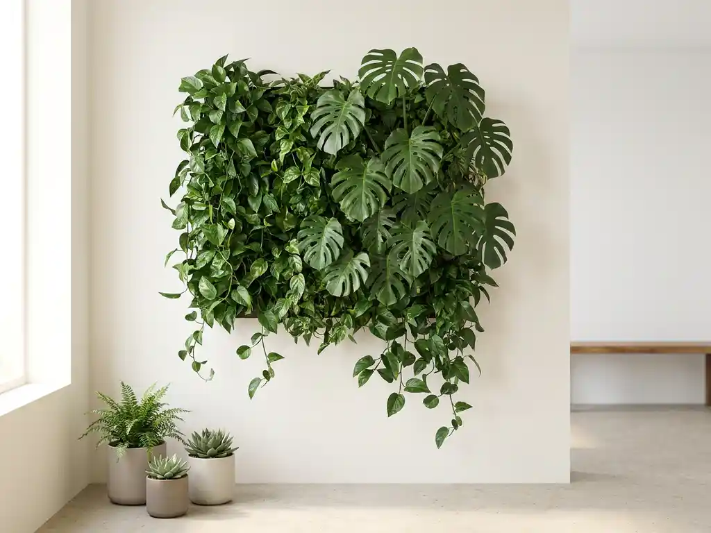 Levende groene plantenwand met monstera en pothos in modern interieur, verlicht door natuurlijk daglicht.