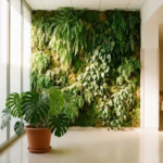 Verticale groene plantenwand in een lichte ziekenhuisgang met tropische kamerplant op de voorgrond en groot raam.