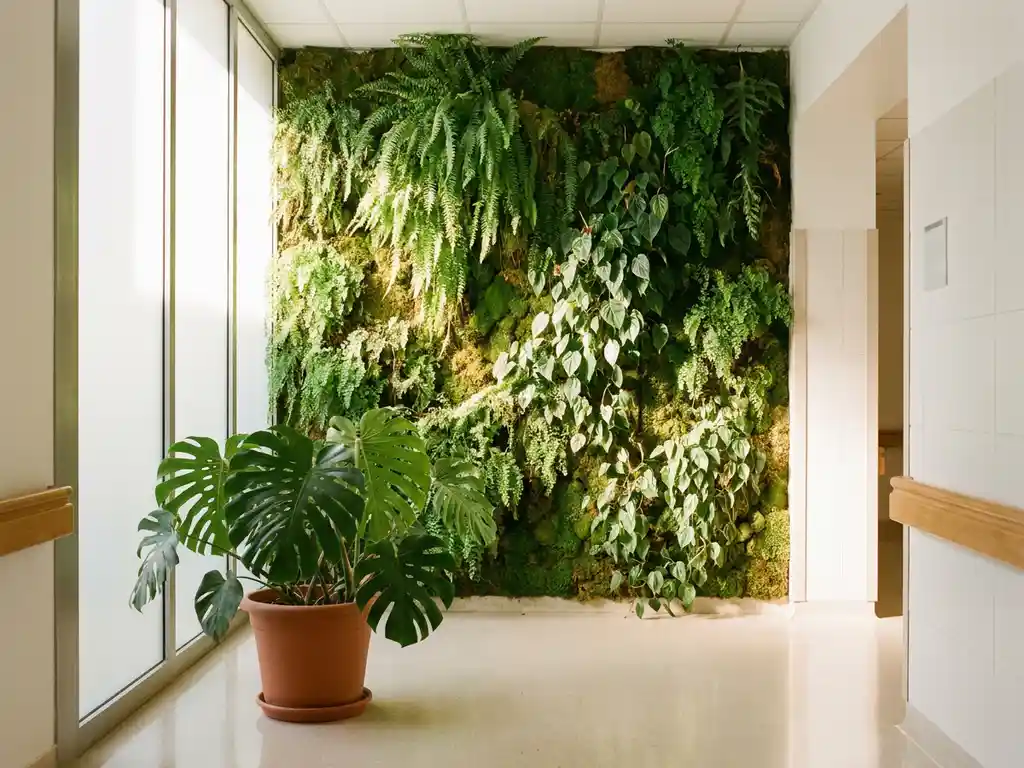 Verticale groene plantenwand in een lichte ziekenhuisgang met tropische kamerplant op de voorgrond en groot raam.