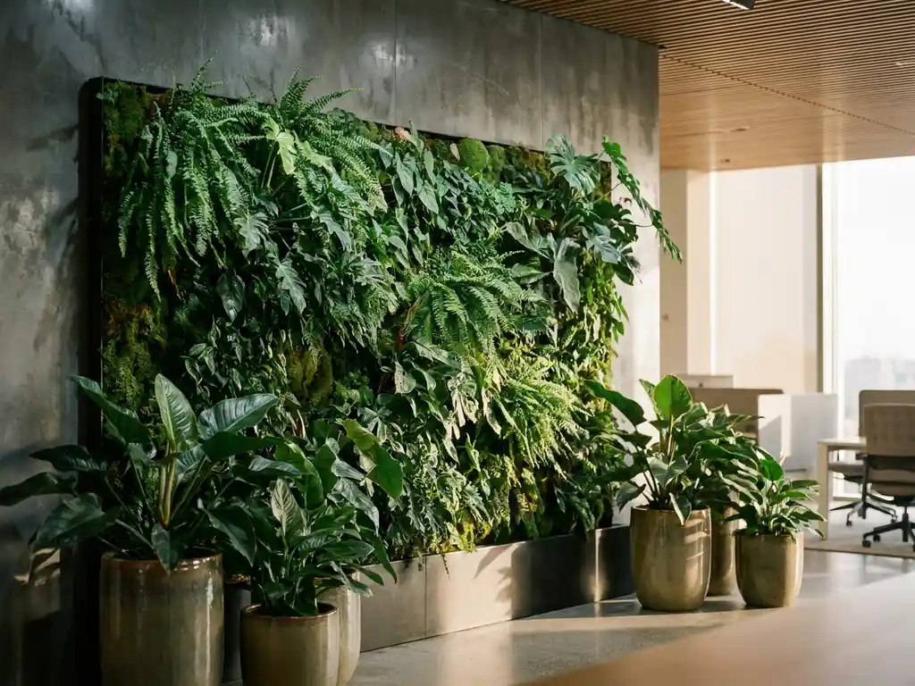 Verticale groene plantenwand met mos- en saliegroen gebladerte in modern kantoorinterieur, keramieken plantenbakken aan de basis.