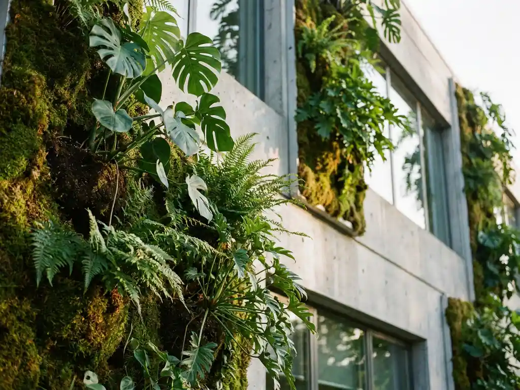 Verticale groene plantenwand met Monstera-bladeren, varens en mos op een modern kantoorgebouw van beton.