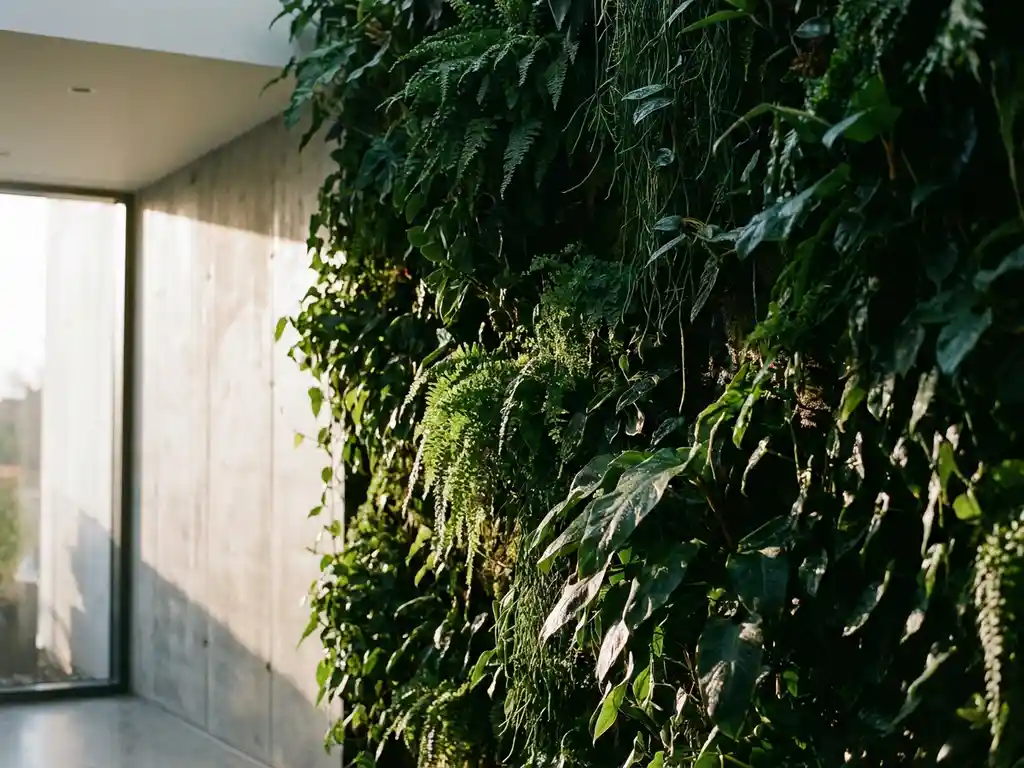 Weelderige verticale plantenwand met klimplanten en hangende ranken tegen een betonnen muur, verlicht door warm zijdelings natuurlijk licht.