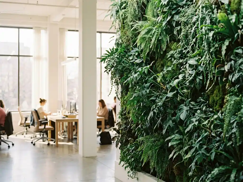 Levende groene plantenwand met mos en bladeren in modern kantoorinterieur, verlicht door natuurlijk daglicht via vloerhoge ramen.
