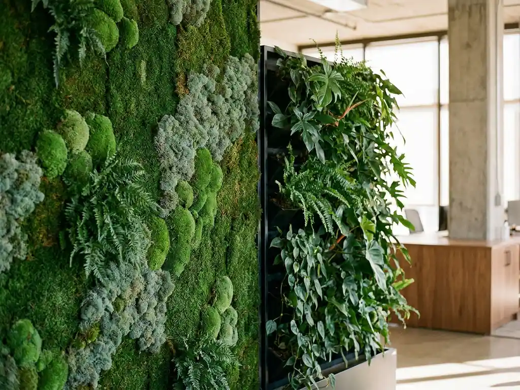 Twee groene wandinstallaties in modern kantoor: moswal met gevarieerde texturen naast gestructureerde plantenwand met tropisch gebladerte