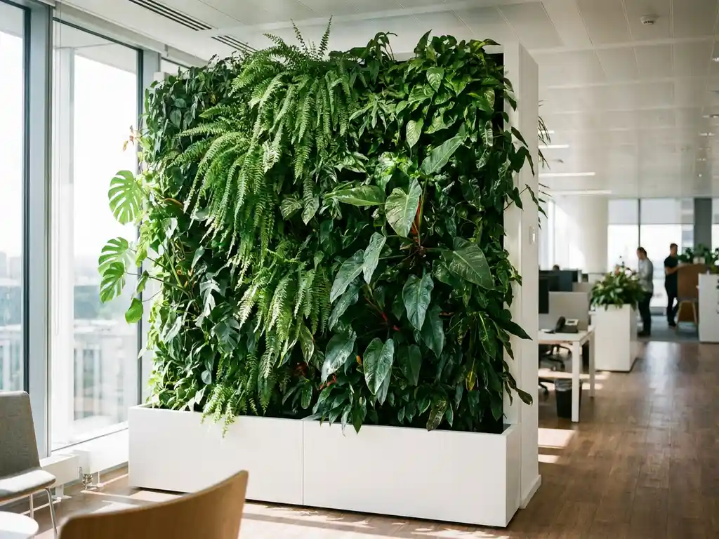 Groene plantenwand met weelderige tropische planten in modern kantoor met natuurlijk zonlicht door grote ramen