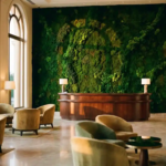 Luxueuze hotellobby met imposante levende moswand achter receptiebalie, marmeren vloeren en moderne meubels