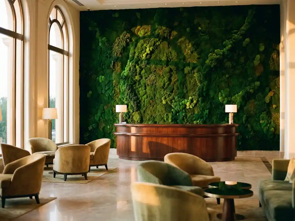 Luxueuze hotellobby met imposante levende moswand achter receptiebalie, marmeren vloeren en moderne meubels