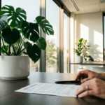 Ondertekend huurcontract met elegante zwarte pen naast groene Monstera plant op modern kantoorbureau bij raam