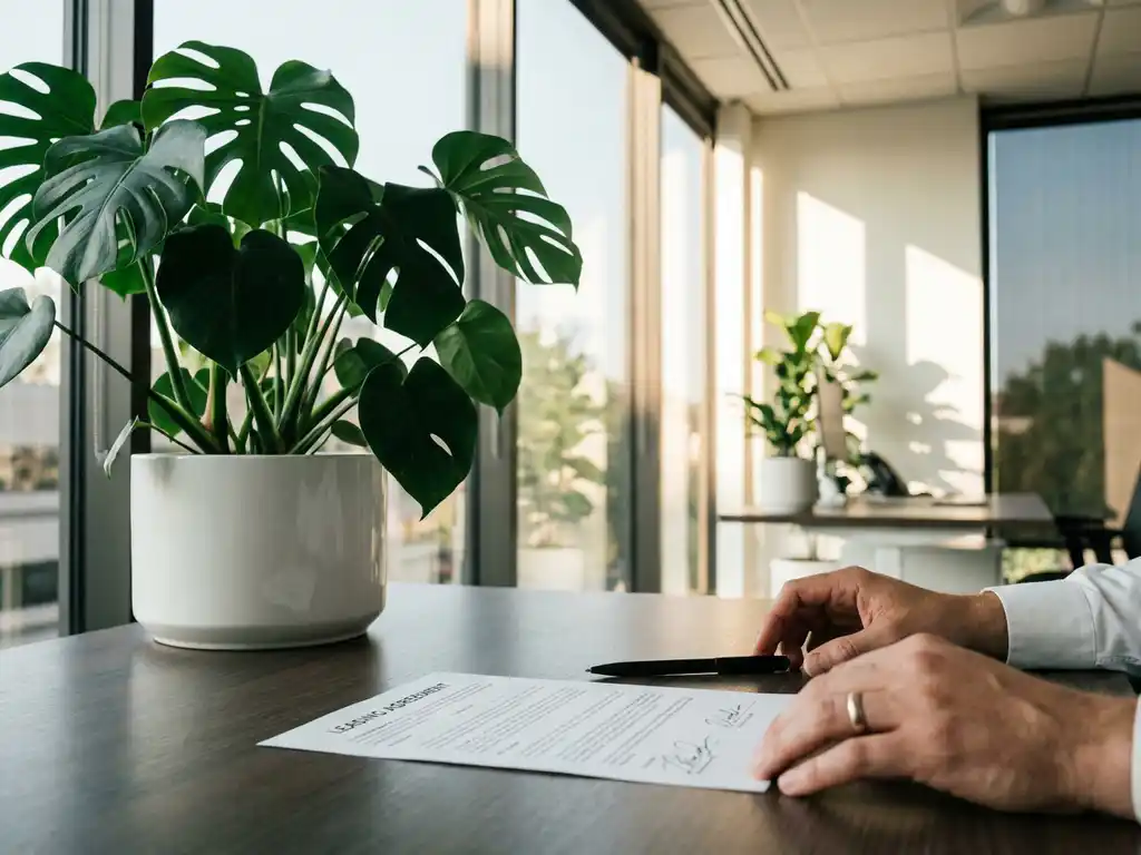 Ondertekend huurcontract met elegante zwarte pen naast groene Monstera plant op modern kantoorbureau bij raam